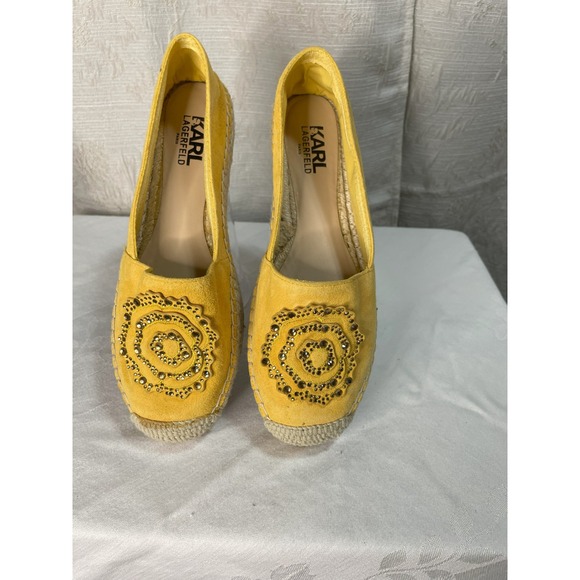 Karl Lagerfeld Paris Yellow Suede Espadrille Embellished Slip On Shoes - Picture 1 of 4
